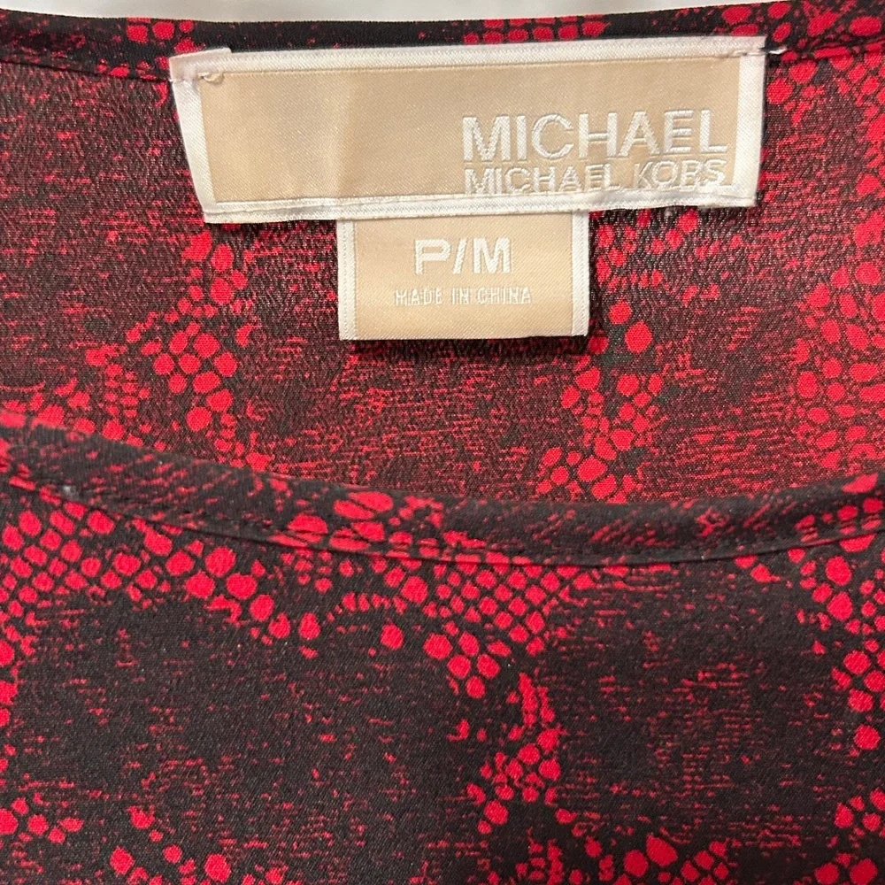 Michael Kors Red & Black Abstract Lace Print Smocked Waist Blouse